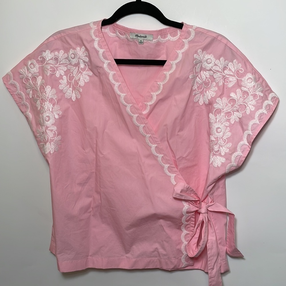 Madewell XL Embroidered Side-Tie Wrap Top blouse pink - Picture 10 of 10
